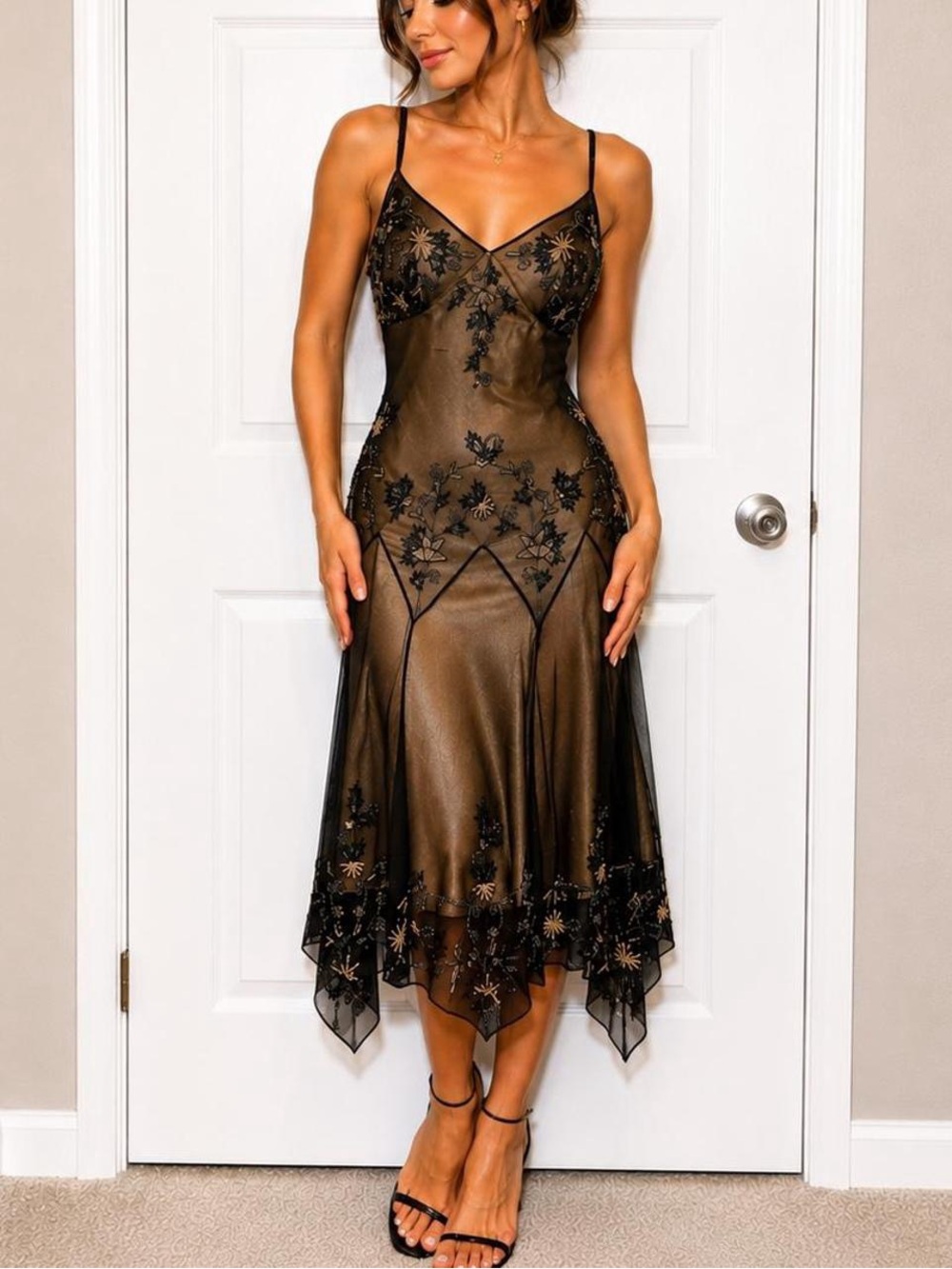 Adrianna Papell Rare Vtg Evening black and gold 100% silk midi dress.Size S/ US6
